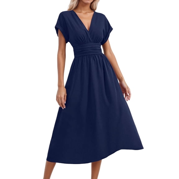 RUTAYY Women's Dress Casual V-Neck Solid Color Short Sleeve Waist Pleats Soft Comfortable Daily Wear Classic Stylish Mesh Dresses