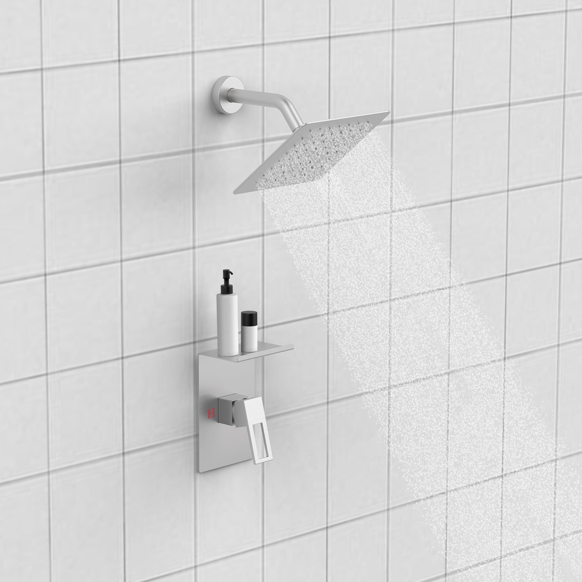 Shower Faucet With Storage Rack 8-inch Rain Shower Head Shower decoration kit with single spray shower head Shower Faucet Set Complete Brushed Nickel wi