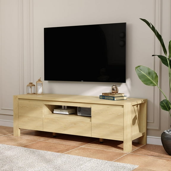 1.6M Modern Farmhouse TV Stand, Entertainment Center with Doors & Storage Cabinet, Ample Space for TVs Up to 70 Inch, Console Table for Living Room & Bedroom (Natural Wood)