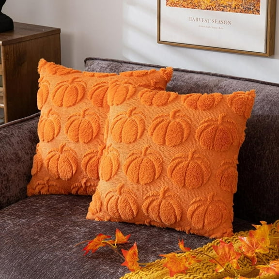 4pcs 18x18 Orange Fur Pumpkin Pillow Covers - Fall & Autumn Decor for Farmhouse, Halloween & Home, Soft Couch Throw Pillow Covers for Seasonal Decorations-Orange