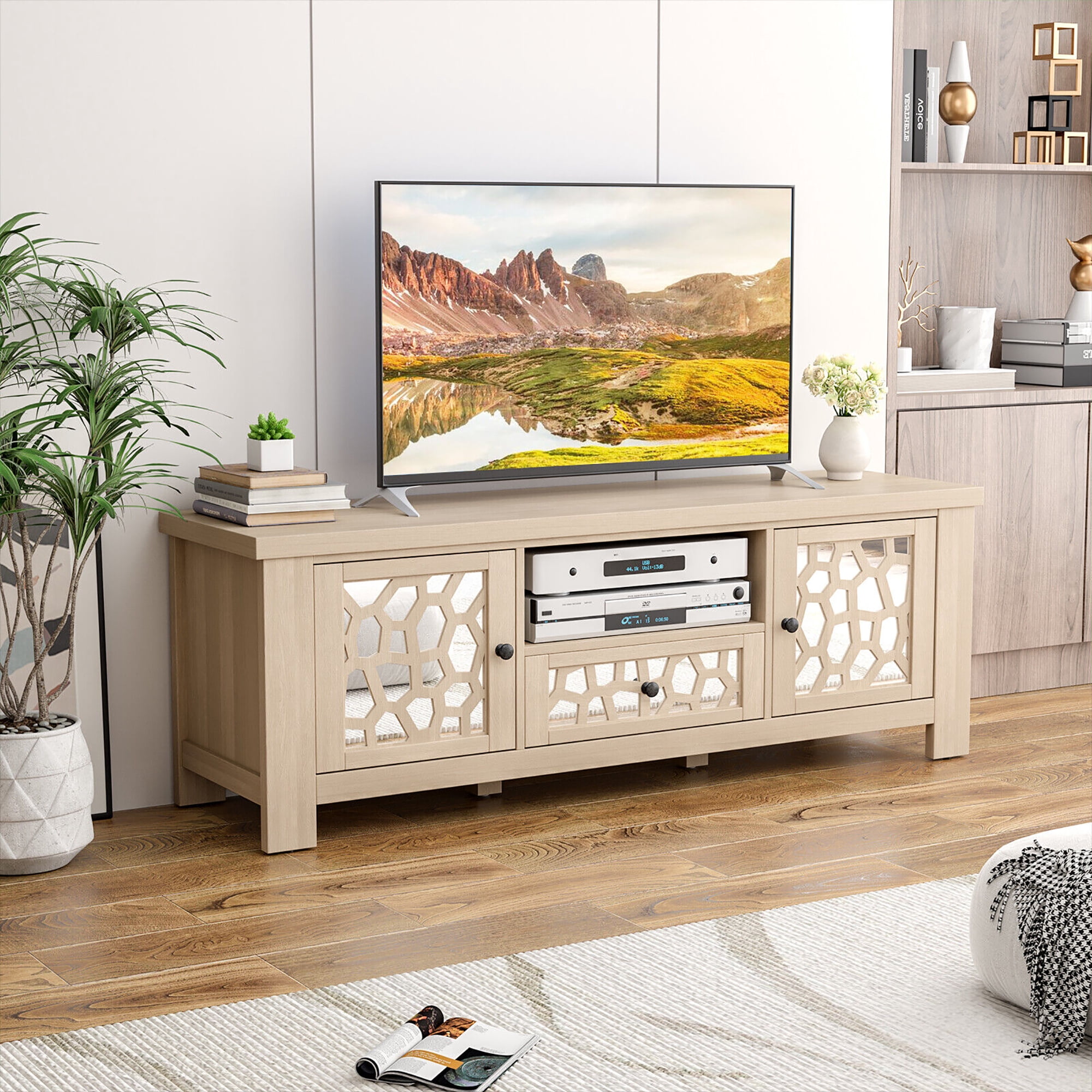 Meuble TV Moderne 3 Étagères Avec Plateau Verre Et Éclairage LED - Support Pour Téléviseur Jusqu'à 178 Cm (70") - 2 Tiroirs, Blanc Et Bois - 8