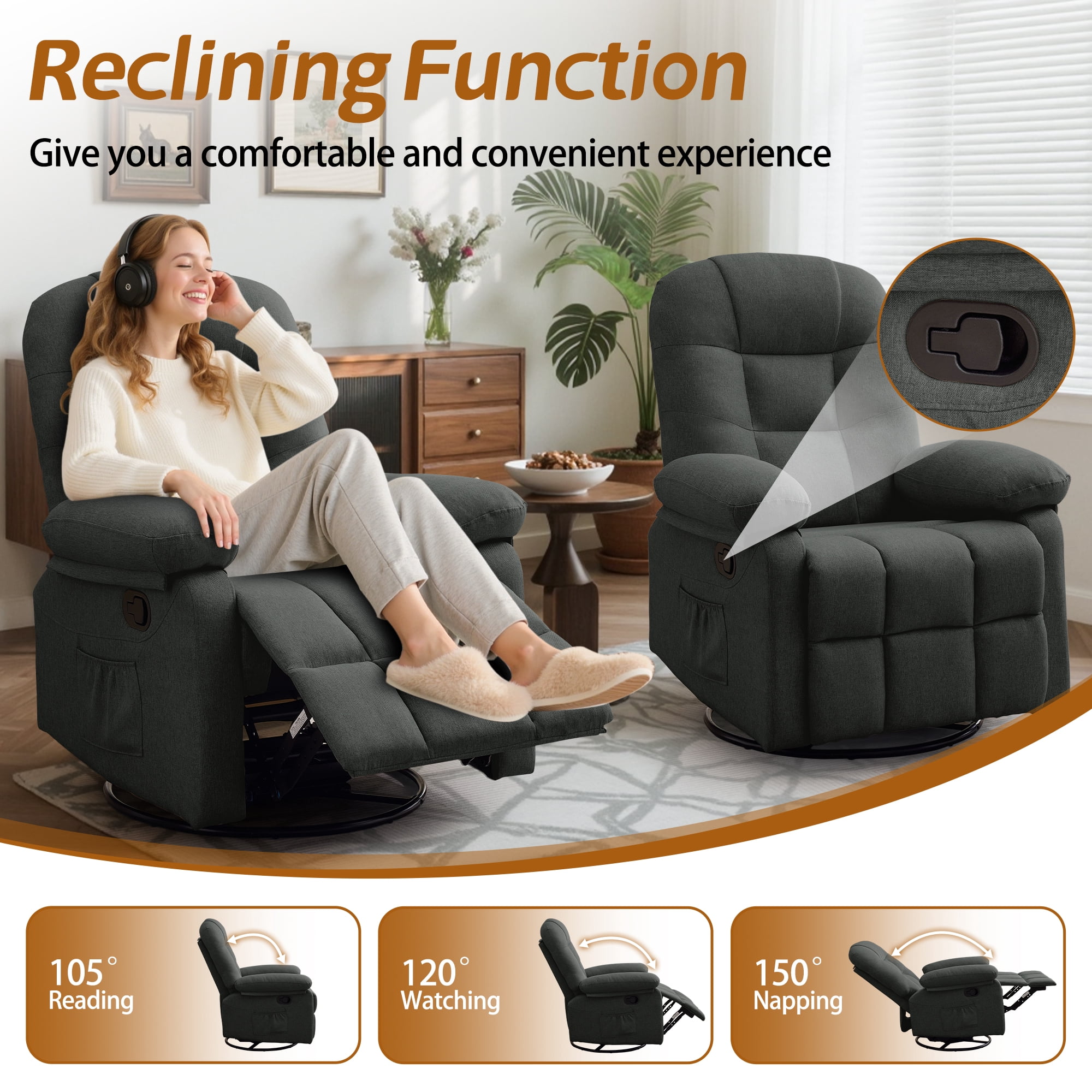 Korser Manual Swivel Rocker Recliner Chair for Living Room,Small Recliner Sofa for Small Spaces,Linen Fabric,Dark Grey