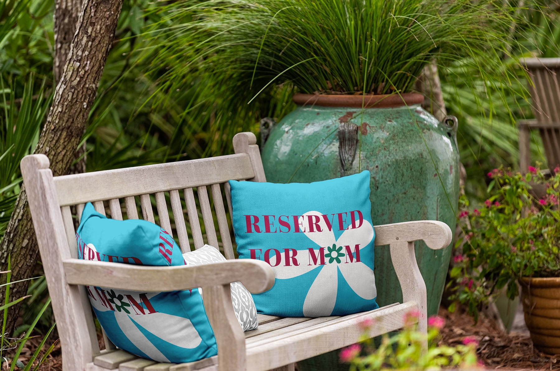 20" x 20" Simply Daisy Reserved for Mom with Flowers Indoor/Outdoor Pillow, Turquoise Qty 1