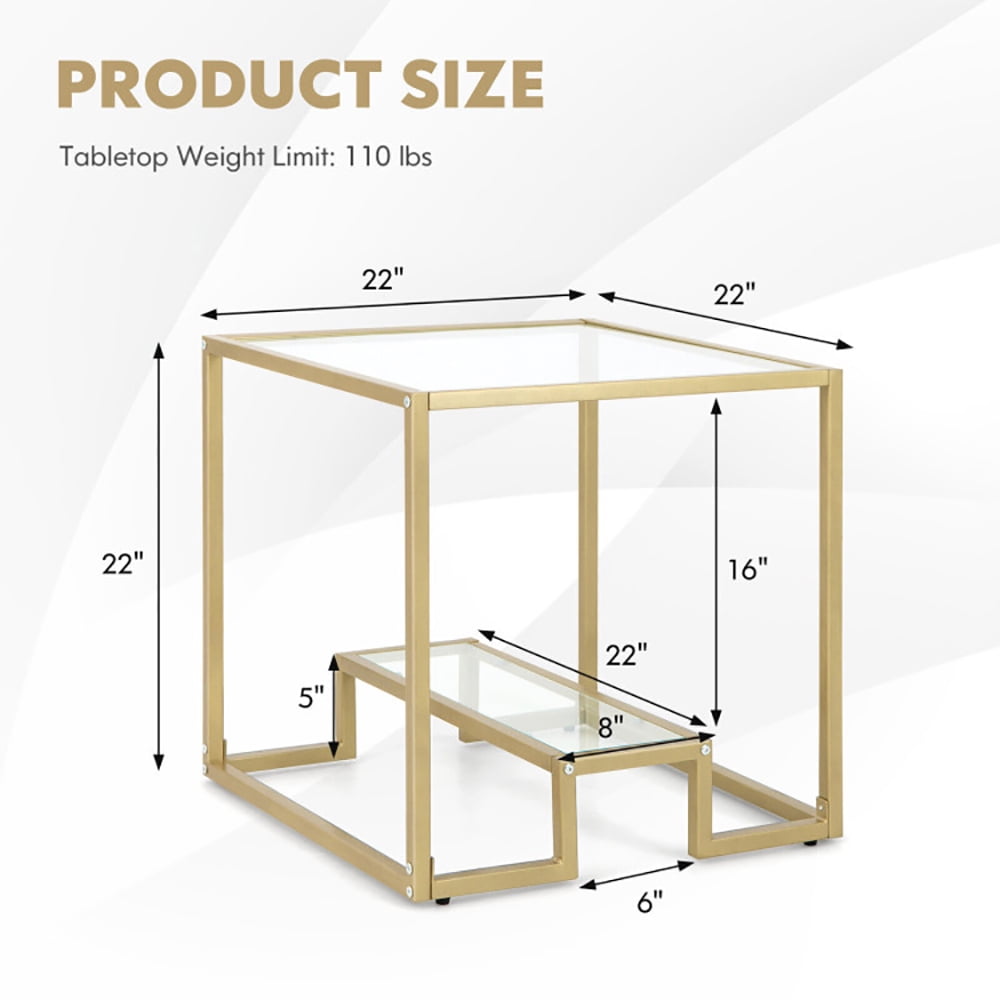 Finihen 22" End Table, 2-Tier Square Sofa Side Table with Tempered Glass Tabletop, Bed Side Table, for Living Room, Bedroom, Bronze Finihen 22" End Table, 2-Tier Square Sofa Side Table with Tempered Glass Tabletop, Bed Side Table, for Living Room, Bedroom, Bronze