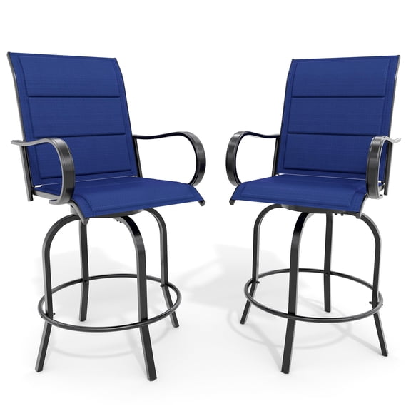 All-Weather Swivel Bar Stools Set of 2, Patio Bistro Chairs with High Back, Armrests, Cotton Padded Blue Cushion, Iron Frame – Garden, Lawn, Backyard – Blue Quilted Finish