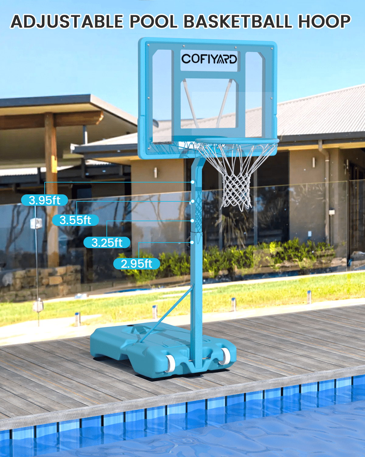 Cofiyard Swimming Pool Basketball Hoop, 32" Shatterproof PC Backboard, Adjustable Poolside Basketball Goal with 2 Balls Outdoor for Teens Adults