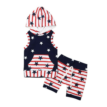 4th of July Clothes Toddler Kids Baby Boy Hooded Vest Tops+Shorts Pants