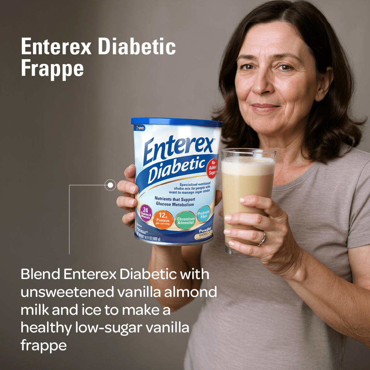 Enterex Diabetic Ready-to-Mix Nutritionally Complete Powder – No Added Sugar, Gluten Free, Vanilla Flavor, 400g (7 Servings)