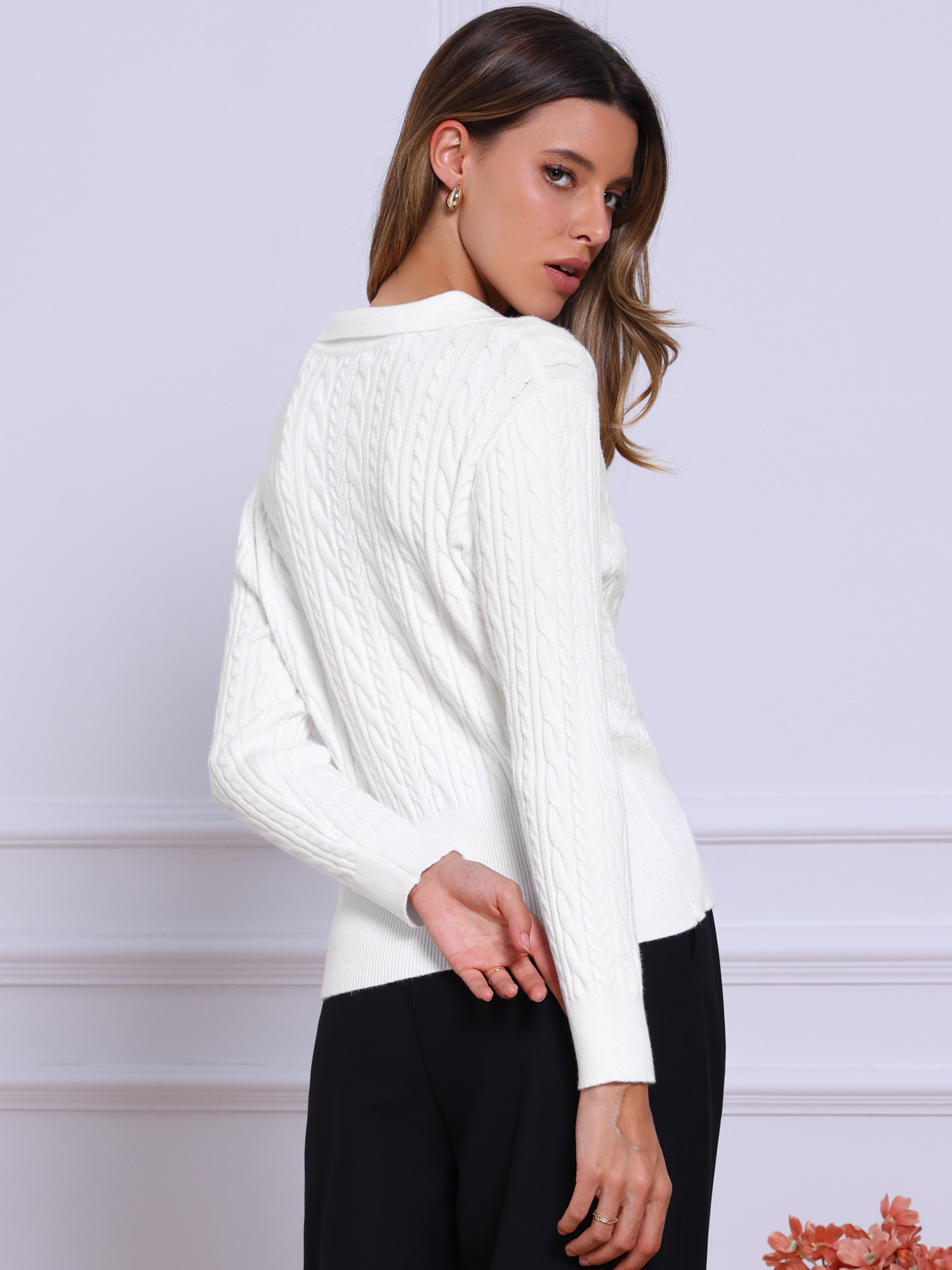 DARING DIVA Fall Sweaters Collared V Neck Cable Knit Pullover Tops M White