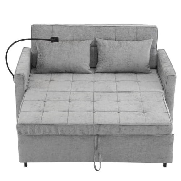 56.9" Loveseat Sofa Pull-out Sofa Bed Sleeper Sofa with a Reversible Backrest Cushion, Side Pockets, Two USB Ports and a Phone Holder for Living Room (Grey)
