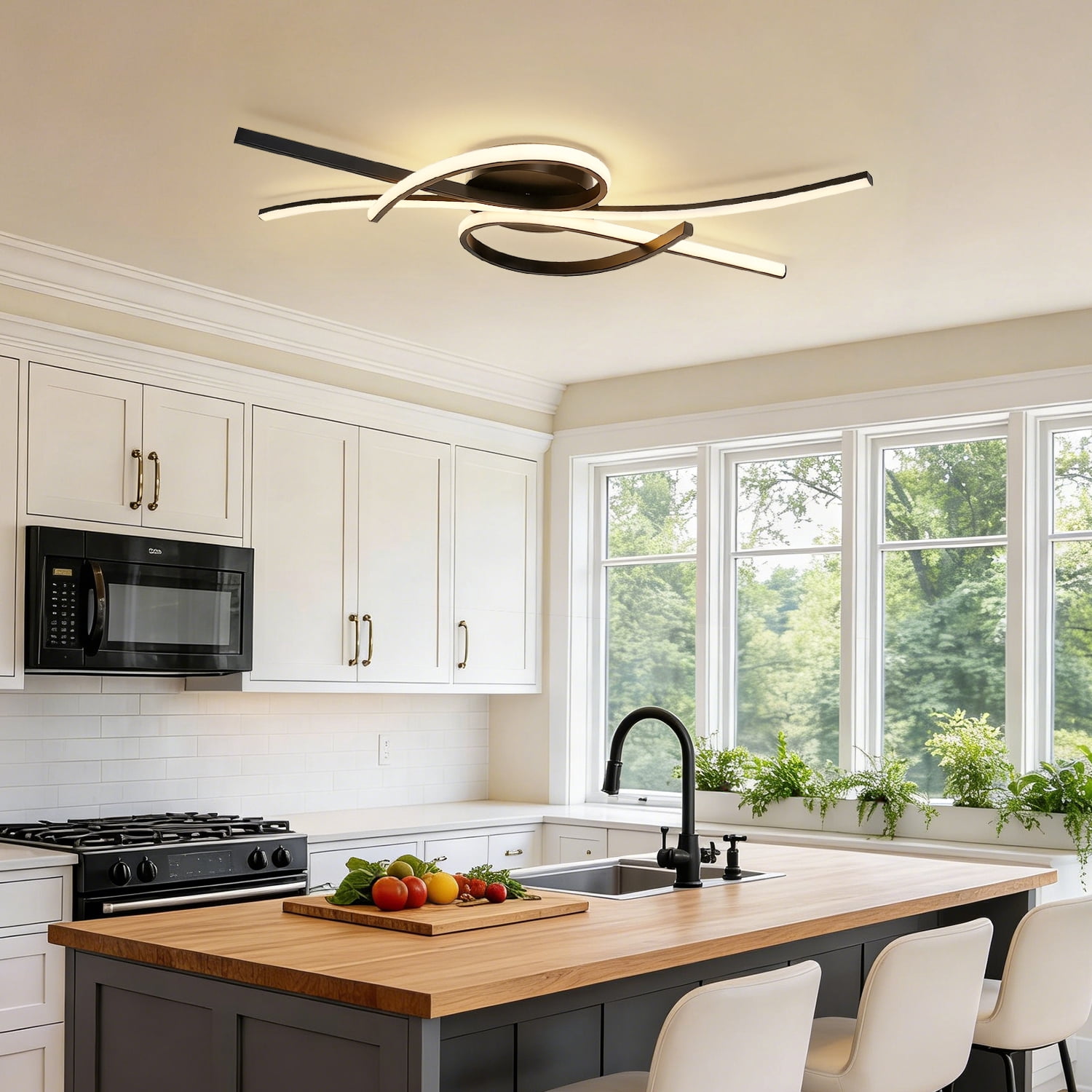 YANSUN 31.5" 3-Light Modern LED Flush Mount Ceiling Light, 30W Dimmable Black Semi Flush Mount Fixture with Remote Control, 3CCT for Kitchen Island Dining Room Bedroom Living Room