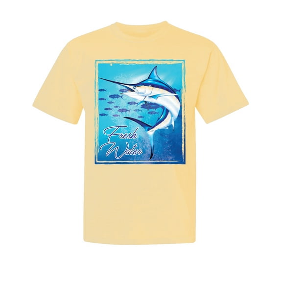 Wild Bobby, Fresh Water Swordfish Atlantic Pacific, Fish, Garment-Dyed Washed Look Short Sleeve Tees, Banana, Small