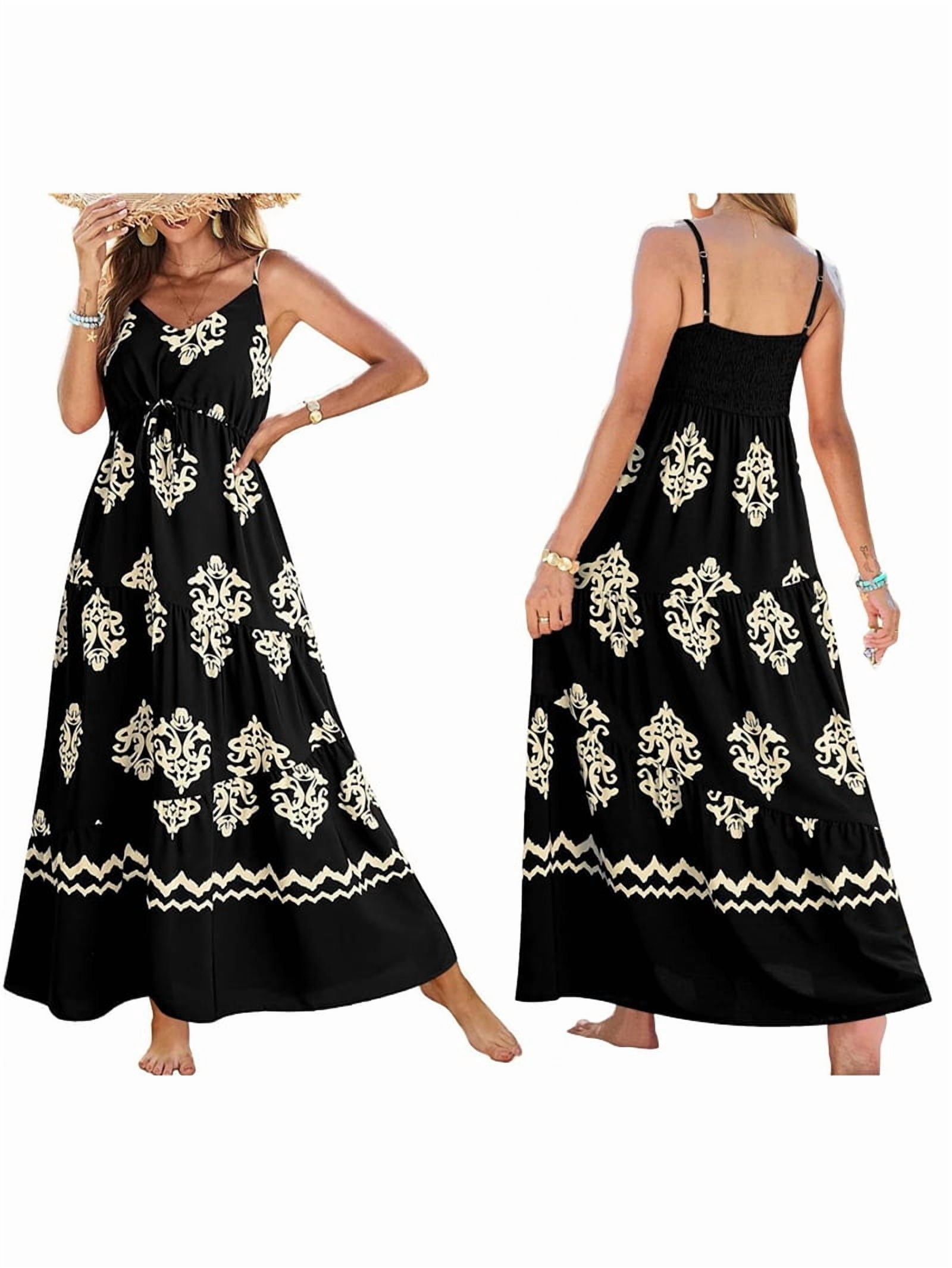 Summer Dress Casual Womens Boho Dress Sleeveless Printed Long Tiered Maxi Dress Beach Dress Black M