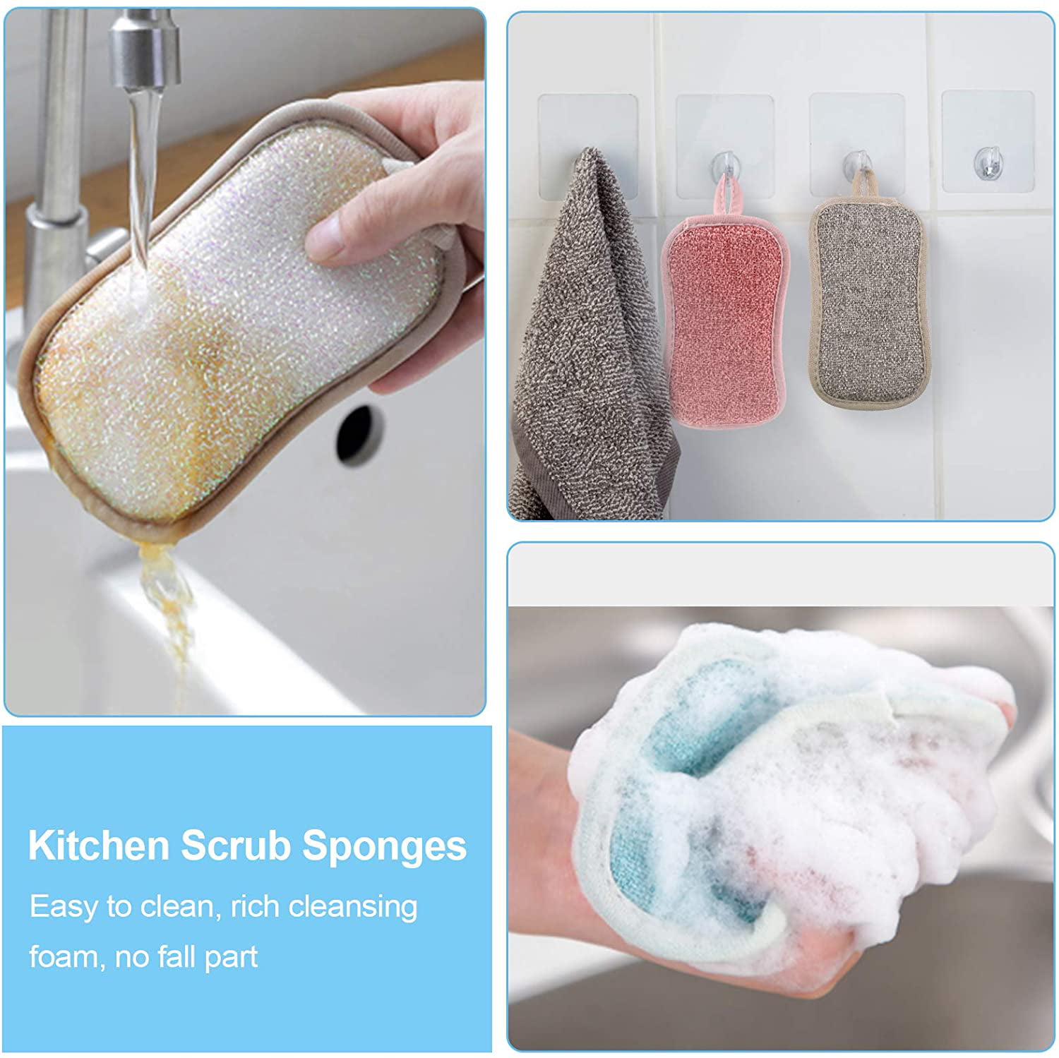 Microfiber Sponge for Kitchen (6 Pack) - Suction Cup Hook Included, Reusable, Washable Dish Sponges with Scrubber, Refills, Scrubbing Side, Non-Scratc