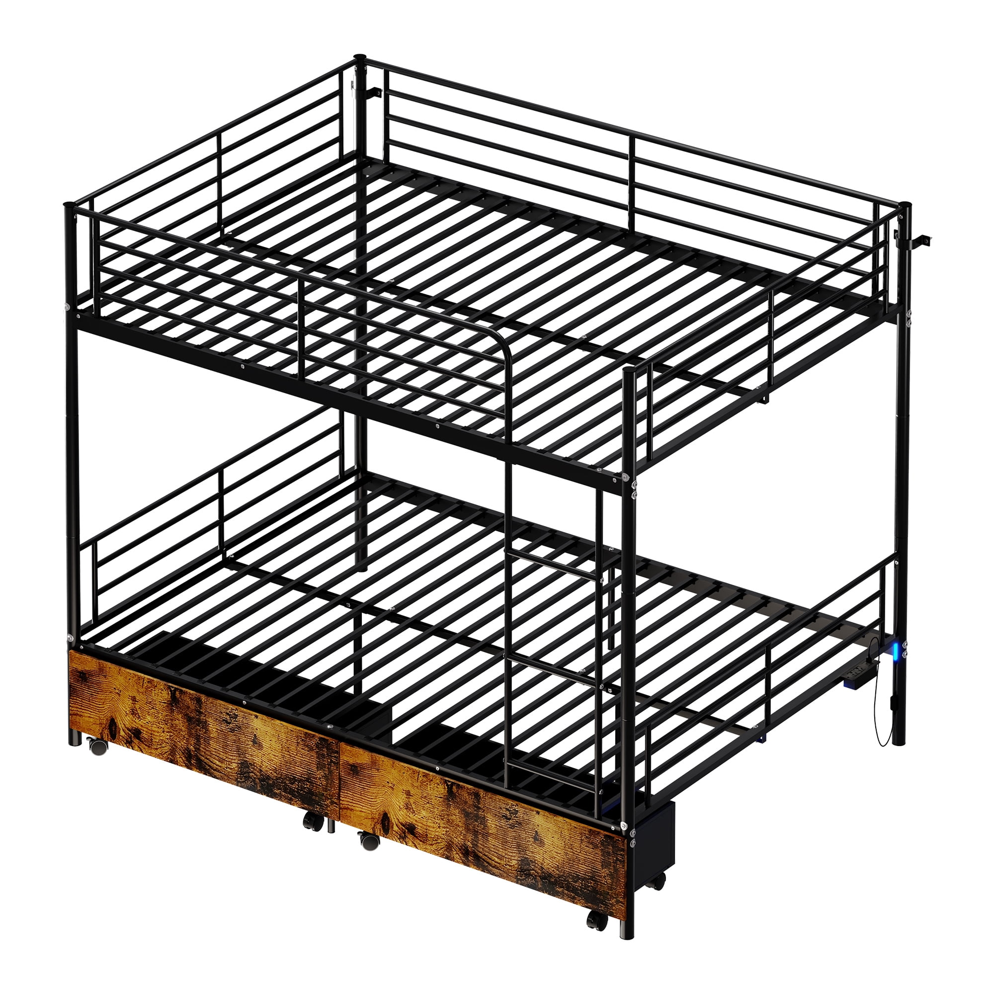 Leumius Twin Over Twin Metal Bunk Bed with USB Charging Station,Able to Split into 2 Twin Beds,Metal Bunk Bed with Safety Guardrail & Ladder,No Box Spring Needed,Black