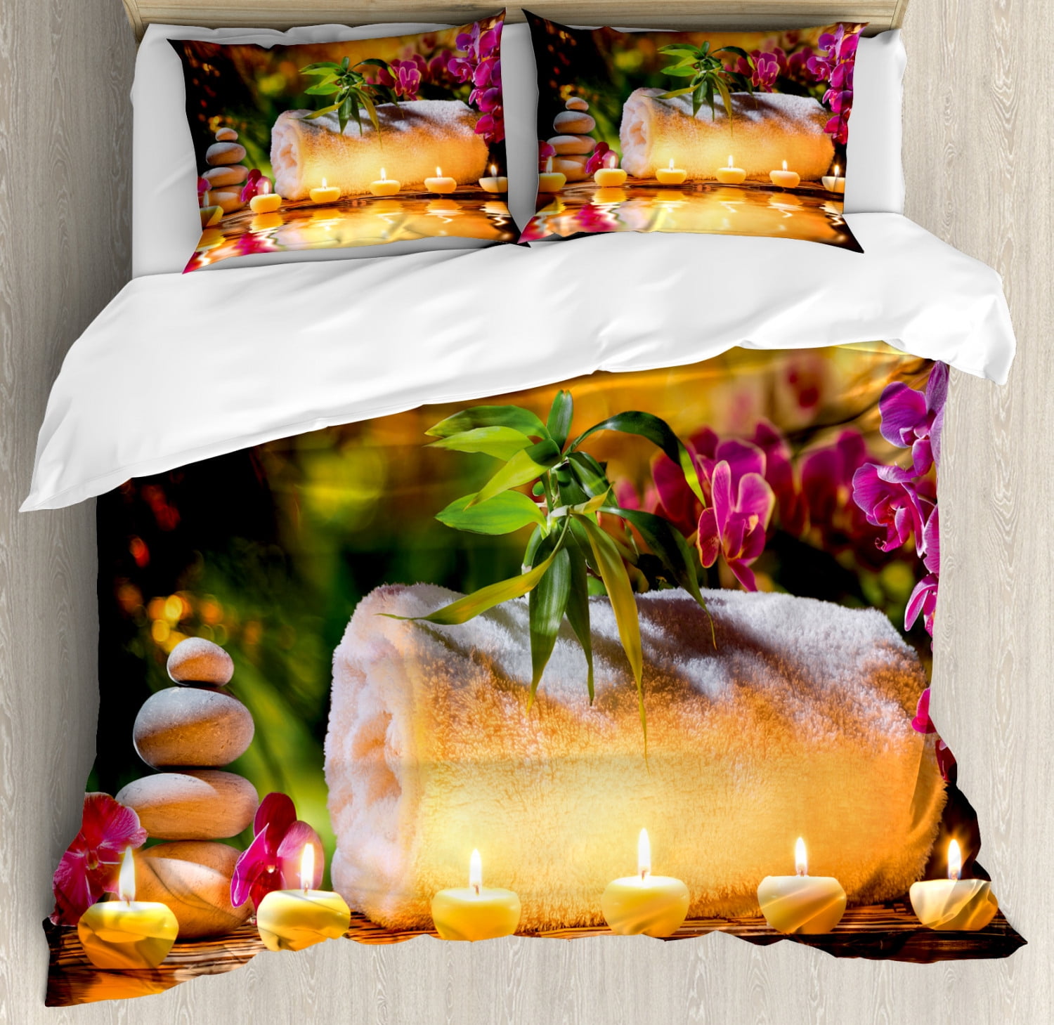 Spa Duvet Cover Set Queen Size, Asian Classic Spa Day Joy in the Garden
