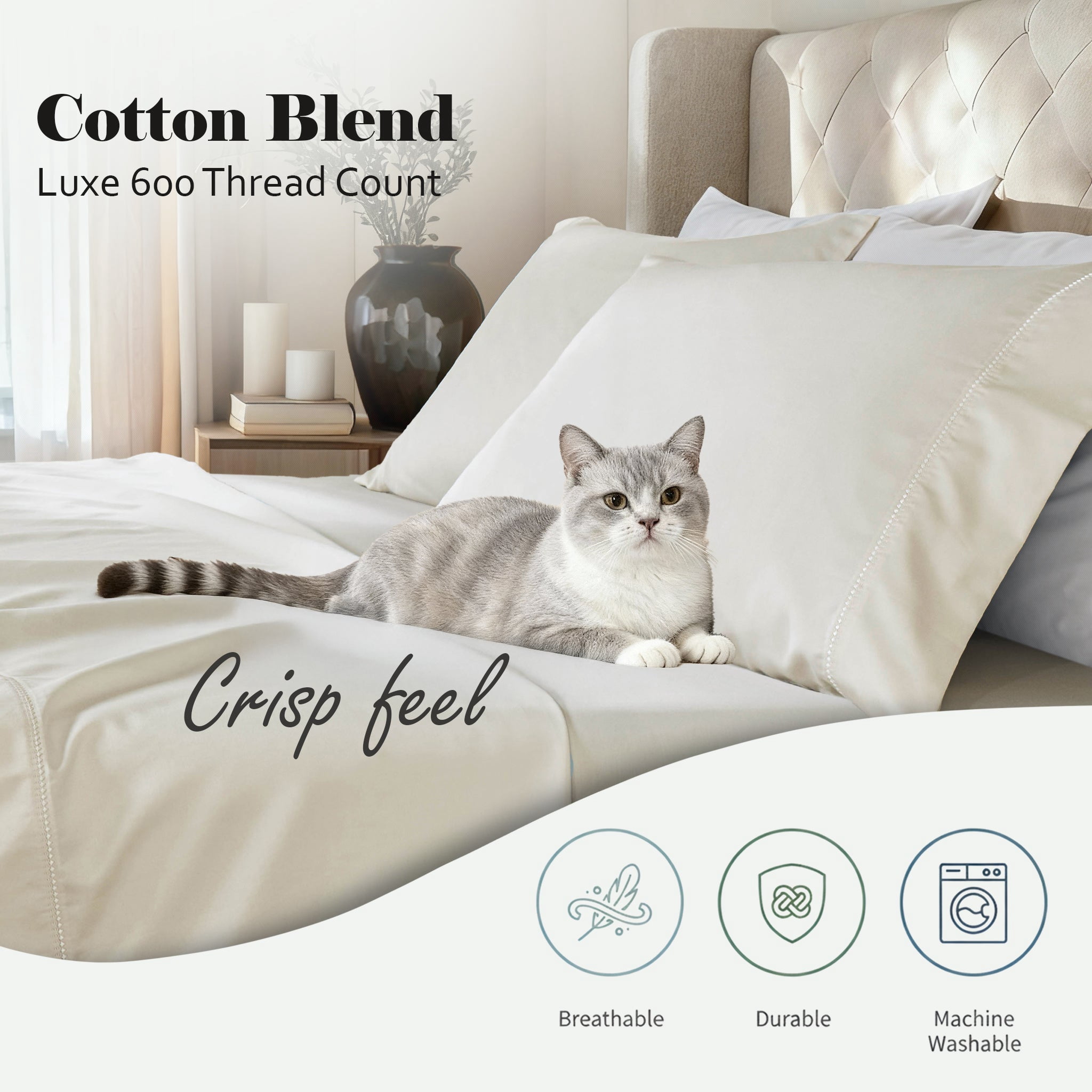 Superior Cotton Blend 600 Thread Count Embroidered Pillowcases , Set of 2, King Size, Ivory