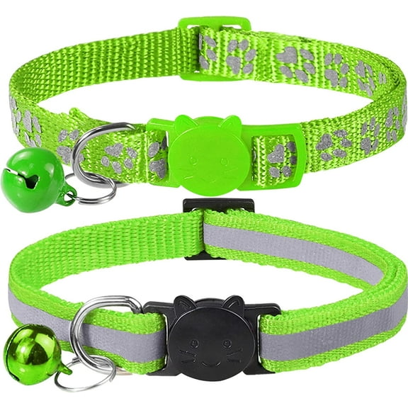 Reflective Cat Collars Breakaway with Bell, 2-Pack Girl Boy Pet Kitten Collar Adjustable 7.5-12.5 Inch, Green