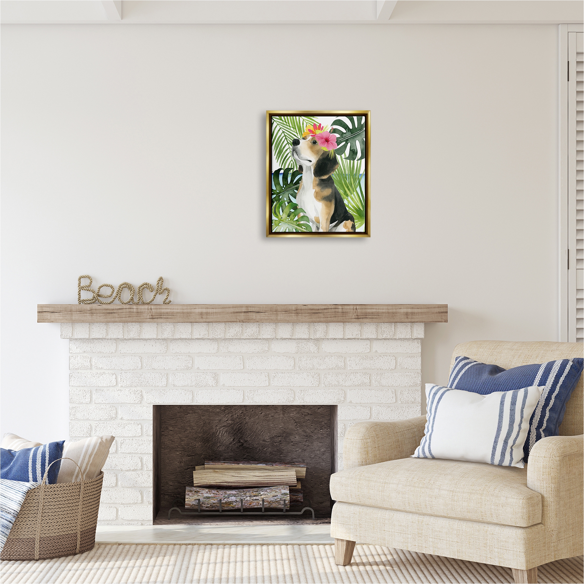 Stupell Industries Puppy with Hibiscus Animals & Insects Painting Gold Floater Framed Canvas Art Print Wall Art, 17 x 21