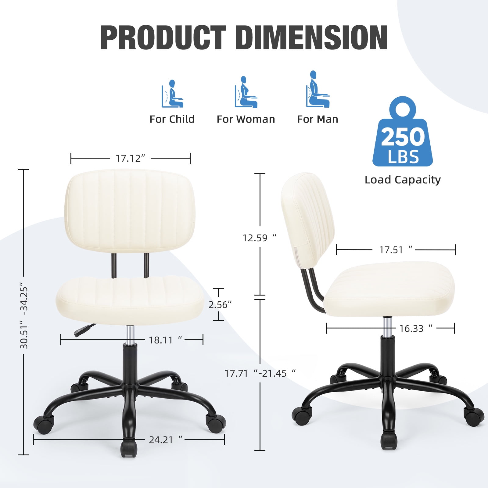 Gianna Armless Office Desk Chair with Adjustable Height, 360°Swivel, and Computer Chair with Lumbar Support, White