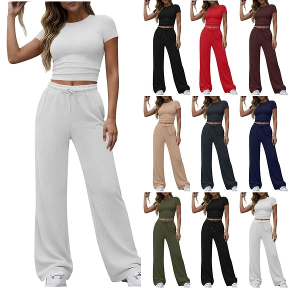Diufon Womens 2 Piece Sets Summer Short Sleeve Crop Tops Drawstring Wide Leg Pants with Pockets Matching Outfits
