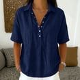 thumbnail image 2 of Lenpel Linen Tops for Women Cotton Short Sleeve Half Button Collared Pleated T-Shirts Casual Loose Tunic Blouses, 2 of 7