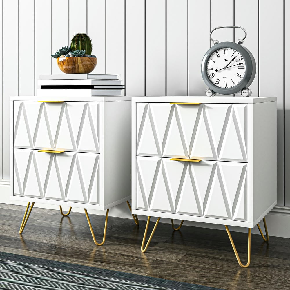 GVN Nightstand, Bedside Table,White Nightstand Set of 2 with Gold Handle, Bedside Table with 2 Drawers & Gold Legs for Bedroom Living Room