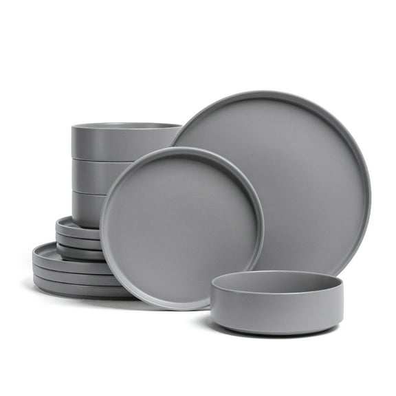 over&back 12-Piece Stackable Dinnerware Dish Set - Stoneware Dishes - Includes 4 Dinner Plates, 4 Salad Plates, 4 Cereal Bowls, and 4 Dinner Bowls - All-Occasion Place Settings - Semi-Matte Charcoal