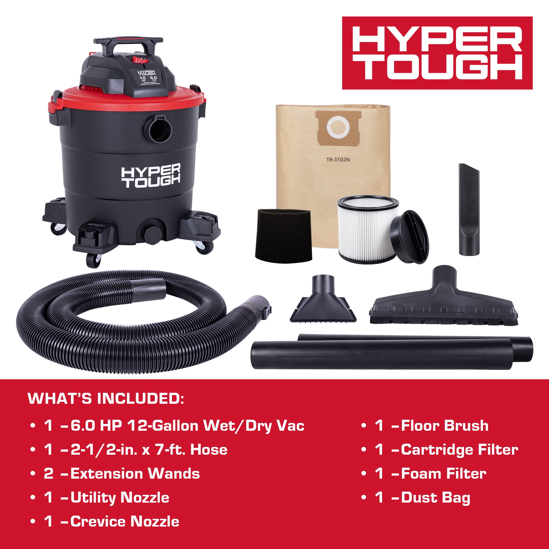 Hyper Tough 12 Gallon 6HP Poly Wet/Dry Vacuum for Home, Car, Garage & Workshop
