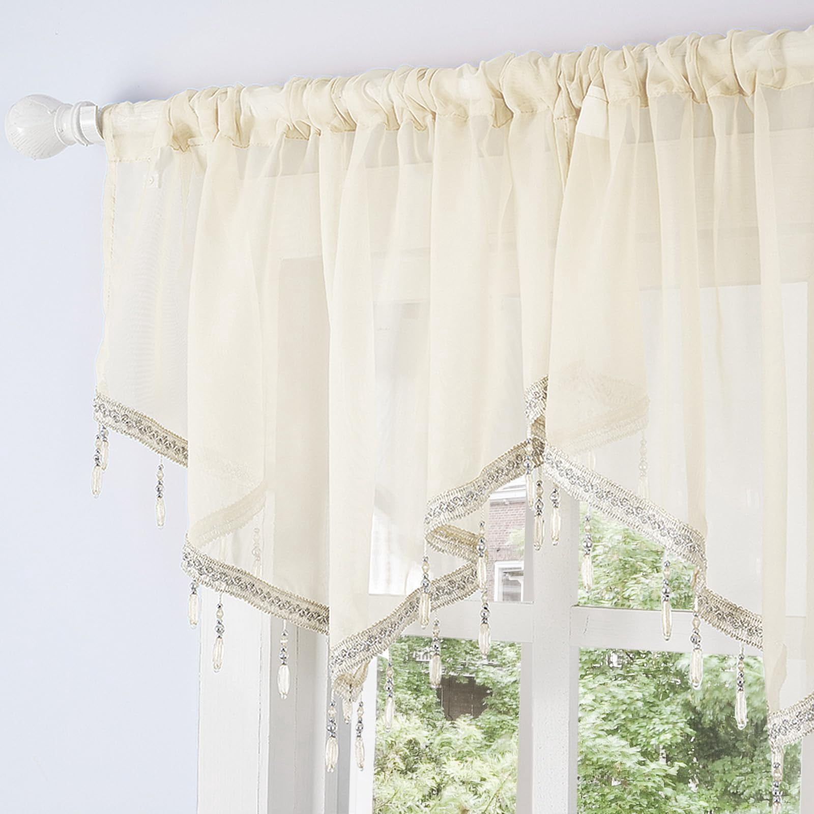 Swag Curtain Rod Pocket Scalloped Valance Sheer Lace Panel with Hanging Crystal Beads for Kitchen Bedroom Window Treatment Drape Decor 51x23 Inch White