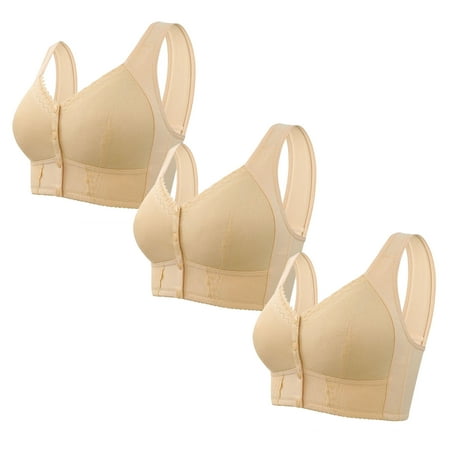 LYEAA Bras Plus Size Women Wirefree 3 Pack of Push Up No Wire Front Close Bra Full Figure Lifting Wide Strap Everyday Bra Under Outfit Bra Solid Breathable T-Shirt Bra Sleep Bra Shapewear Bra Beige S