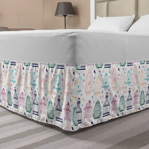 Retro Bed Skirt, Vintage Bird Cages Pattern in Various Pastel Tones Canary with Swirly Tales Drawing, Elastic Bedskirt Dust Ruffle Wrap Around for Bedding Decor, 4 Sizes, Multicolor, by Ambesonne