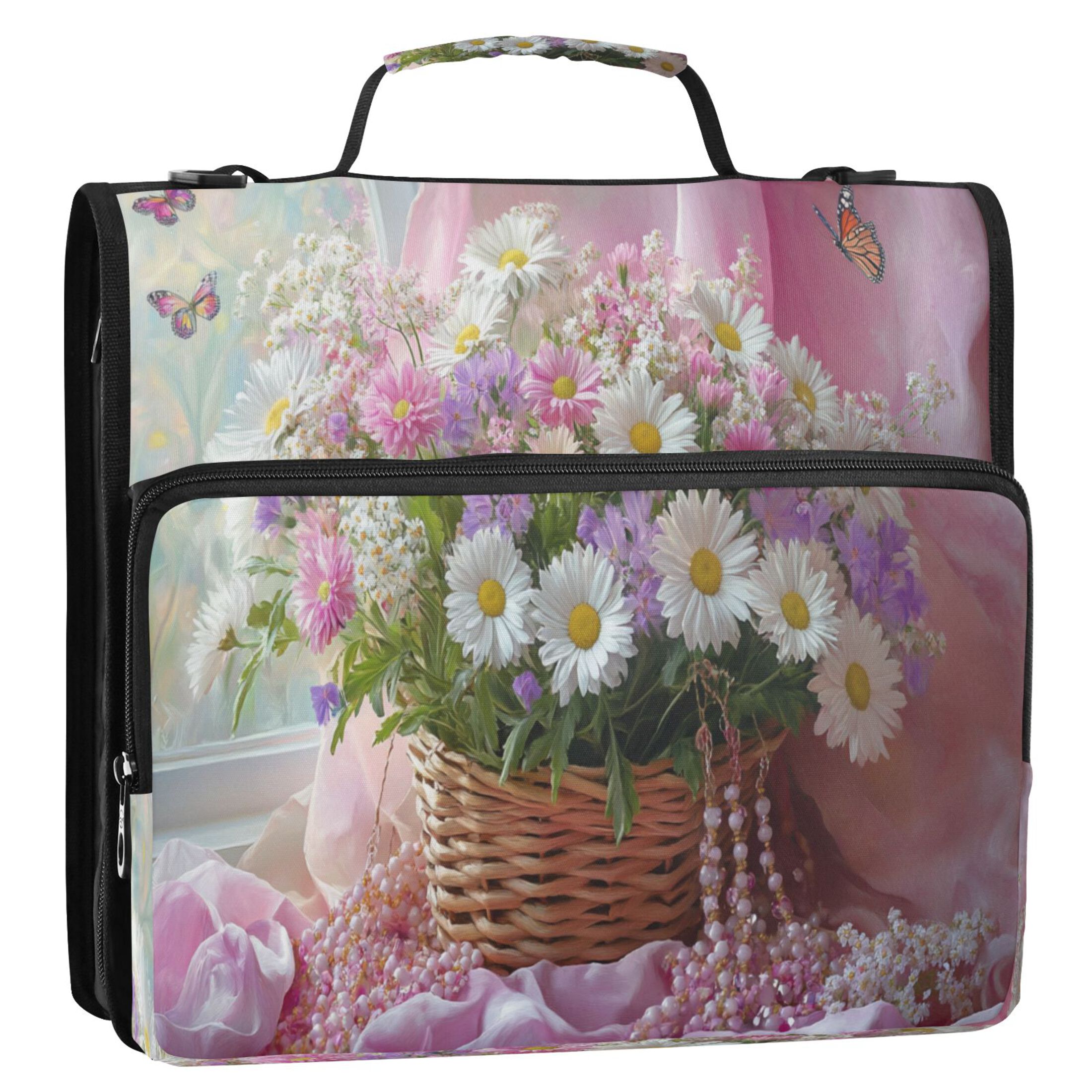 YAZAOO Zipper Binder trapper keeper Documents Organized Design Basket_of Flowers and Butterflies Printed