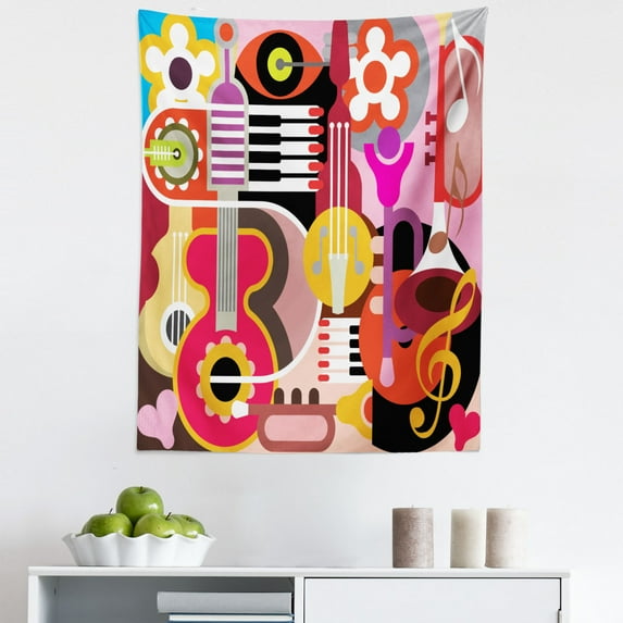 Colorful Tapestry, Complex Graphic with Various Musical Properties Keyboard Festival Piano Design, Fabric Wall Hanging Decor for Bedroom Living Room Dorm, 5 Sizes, Multicolor, by Ambesonne