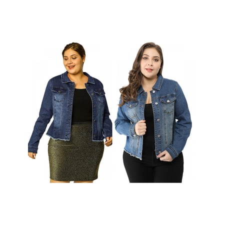 NOMADIC NOOK Women's Plus Size Outfits Classic Washed Front Frayed Denim Jacket 2 PCS