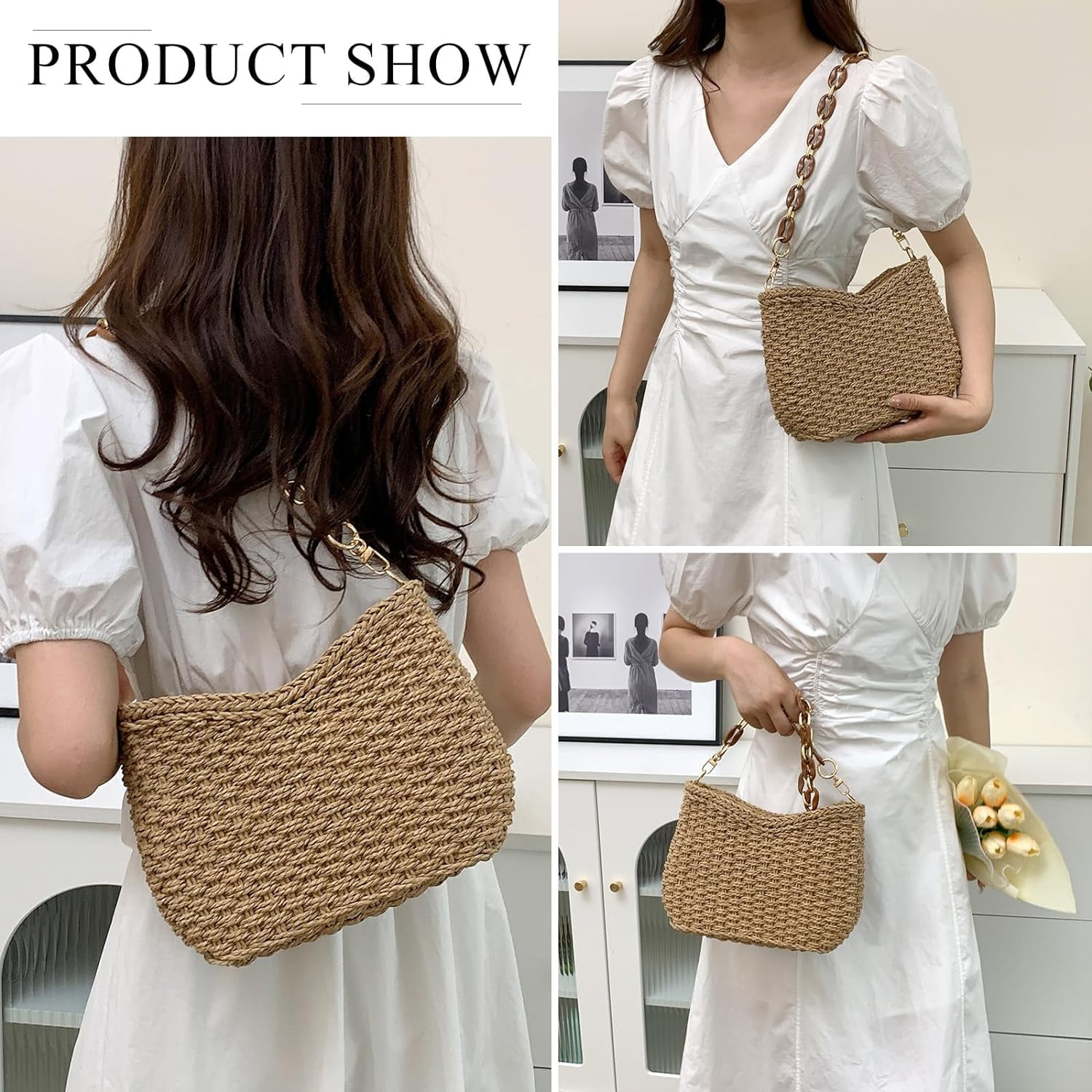 LinYooLi Straw Beach Bag, Summer Straw Bags for Women Trendy Straw Purses and Handbags Shoulder Tote Bag for Vacation