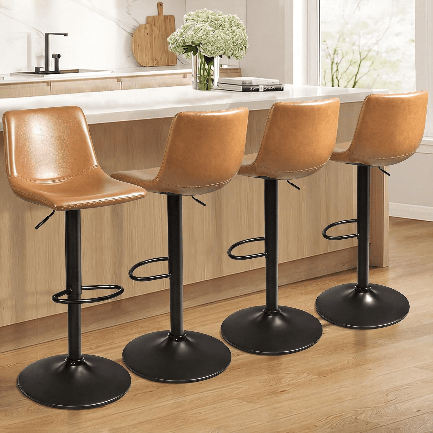 Waleaf Set of 4 Modern Swivel PU Leather Bar Stools, Adjustable Height Kitchen Counter Height Chairs with Back and Footrest, PU Leather Upholstered Dining Chairs for Kitchen Island
