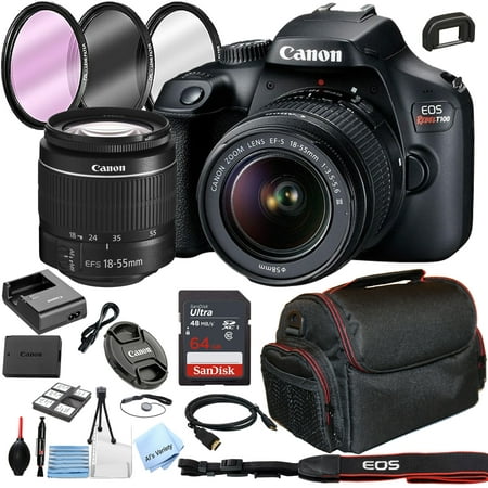 Canon EOS Rebel T100 / 4000D DSLR Camera with 18-55mm Lens + Optics Filter Set, Camera Bag + Sandisk Ultra 64GB Card + Al's Variety Cleaning Kit, And More