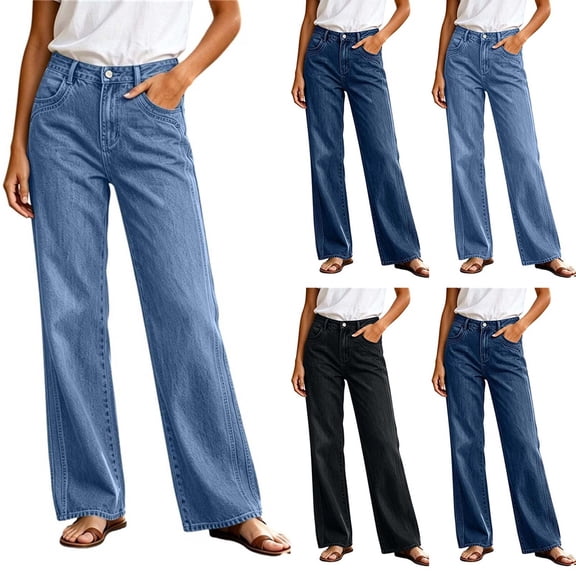 Womens Straight Leg Jeans, Button Zip Closure & Side Pockets Design, Full Length Jeans, Street & Casual Wear | VerBelle,Dark Blue L