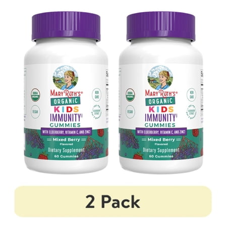 (2 pack) MaryRuth's Kids Immunity Gummies, USDA Organic, Dietary Supplement, Elderberry Zinc, Immune Support, Mixed Berry Flavor, Vegan, Gluten-Free, 60 Count