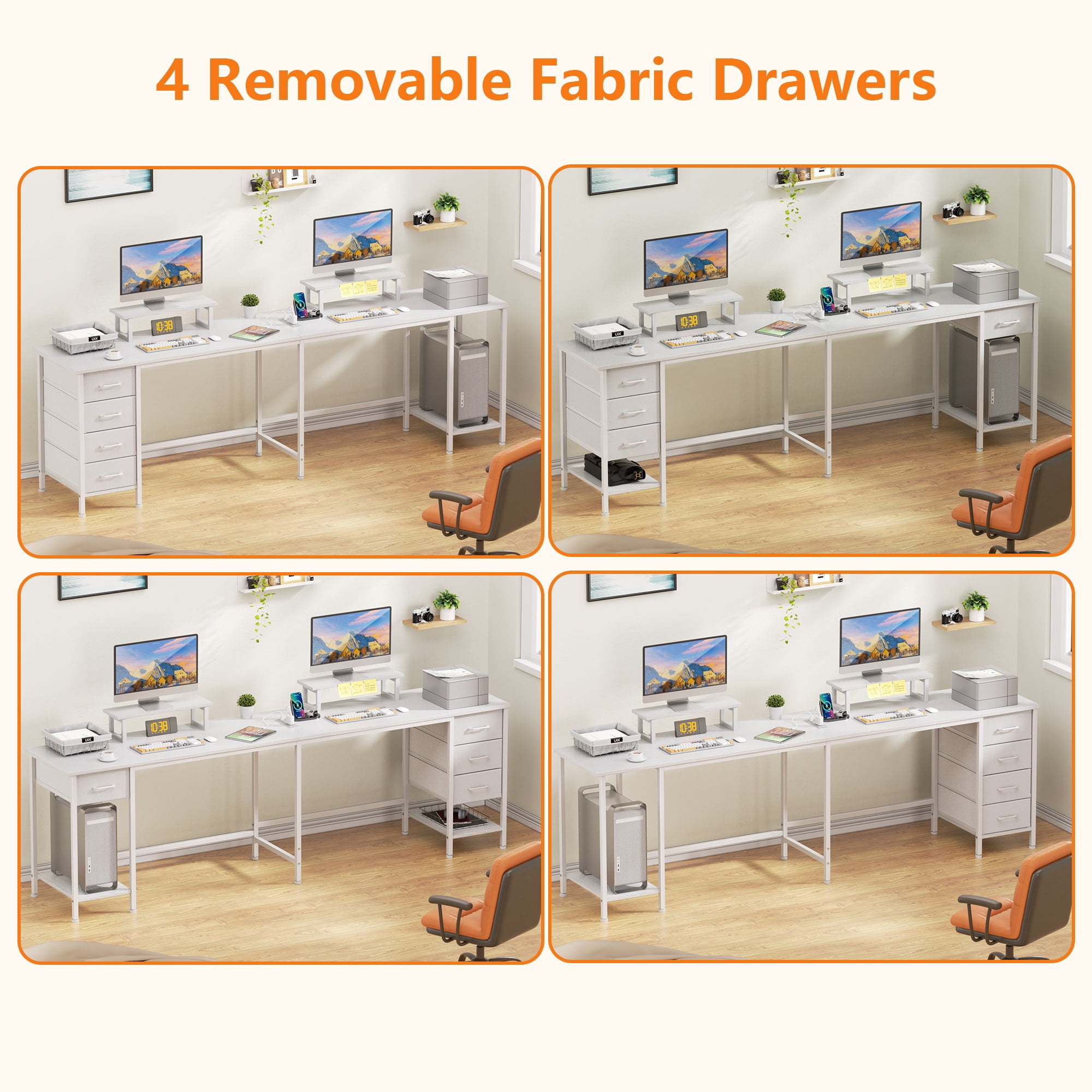 Satifur 66" L-Shaped Desk with Power Outlets, 4 Fabric Drawers & 2 Monitor Stands, Convertible Two Person Home Office Desk,White