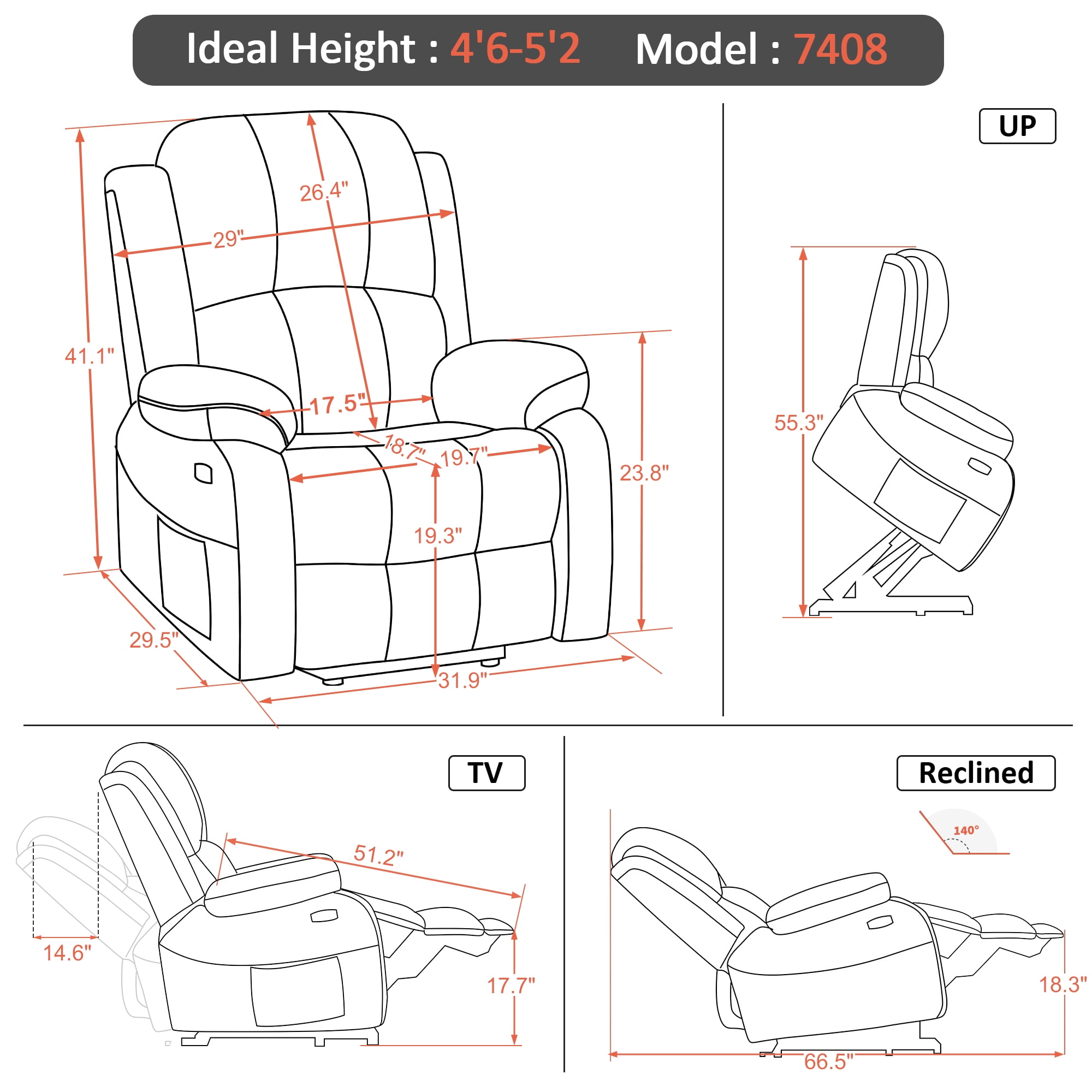 MCombo Small-Regular Power Lift Recliner Chair with Massage and Heat for Petite Elderly People, 3 Positions, 2 Side Pockets, USB Ports, Faux Leather (Black, Small-Regular)