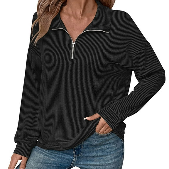 Womens 2024 Fashion Stripe Quarter Zip Pullover Sweatshirt Casual Laple Neck Solid Color Long Sleeve Knit Tops