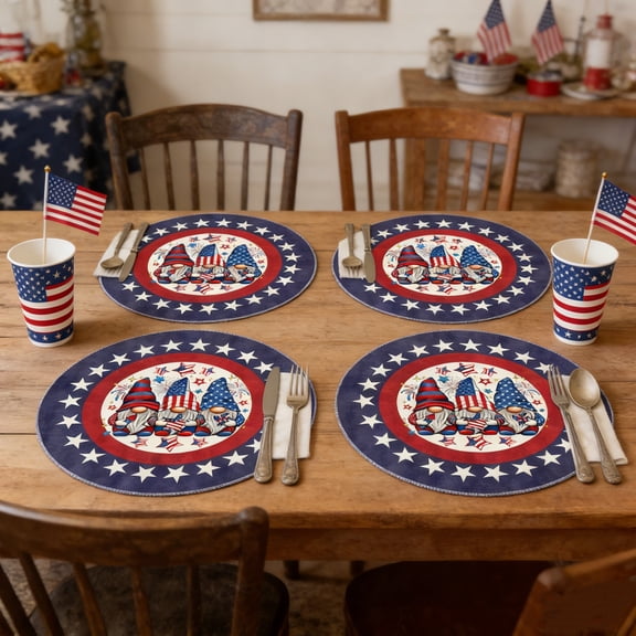 Cififendec 4th of July Round Placemats Set of 4, Patriotic Gnomes Round Doily Placemats, Anti-slip for Independence Day