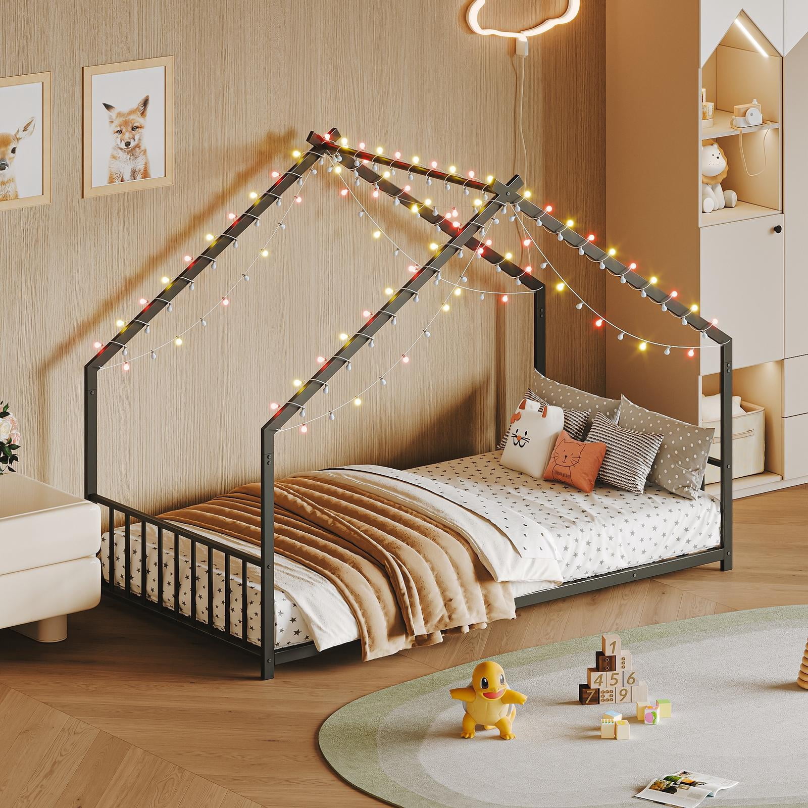 Bellemave Twin Size Metal House Bed with Roof and LED Lights Montessori House Bed with Headboard and Footboard  Floor Bed Frame with Slats (Twin, Black)