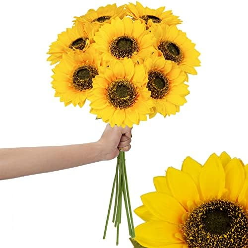8 Pcs Large Sunflowers Artificial Flowers 6" Full Bloom Long Stem Artificial Sunflower 25.6" Tall Sun Flowers Giant Silk Sunflowers with Stem Fake Sunflower Floral Arrangement for Home Wedding Decor