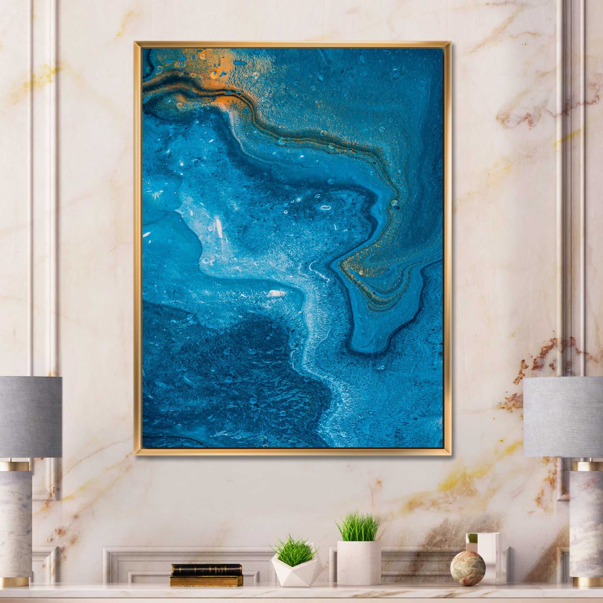 Designart 'Abstract Blue Marble Composition II' Modern Framed Canvas Wall Art Print