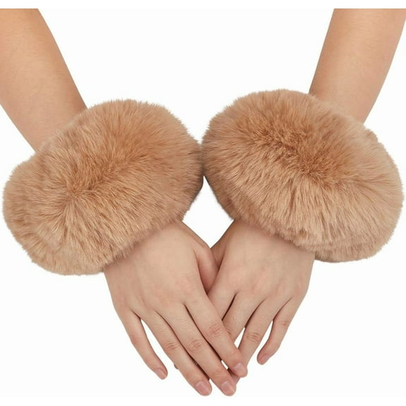 Khaki Fur Wrist Cuffs Women Arm Warmers Brown Short Winter Fur Arm Warmer Plush Fuzzy Cuffs Oversleeve Gloves Wristband Sleeves