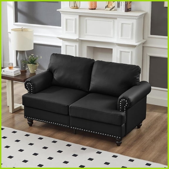 59.5" Modern Classic Imitation Cowhide Leather Loveseat with Nailhead Trim & Storage for Living Room
