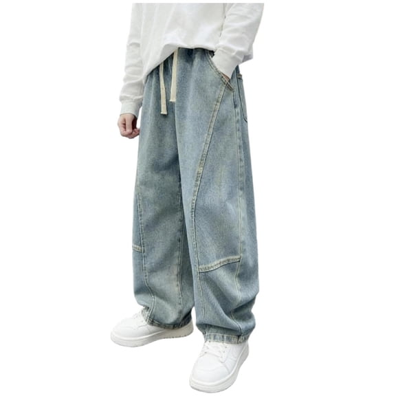 FAHXNVB Boys' Drawstring Baggy Jeans Solid Color Straight Leg Denim Pants with Pockets Comfortable Casual Loose Fit Fashion Pants 6-16 Years